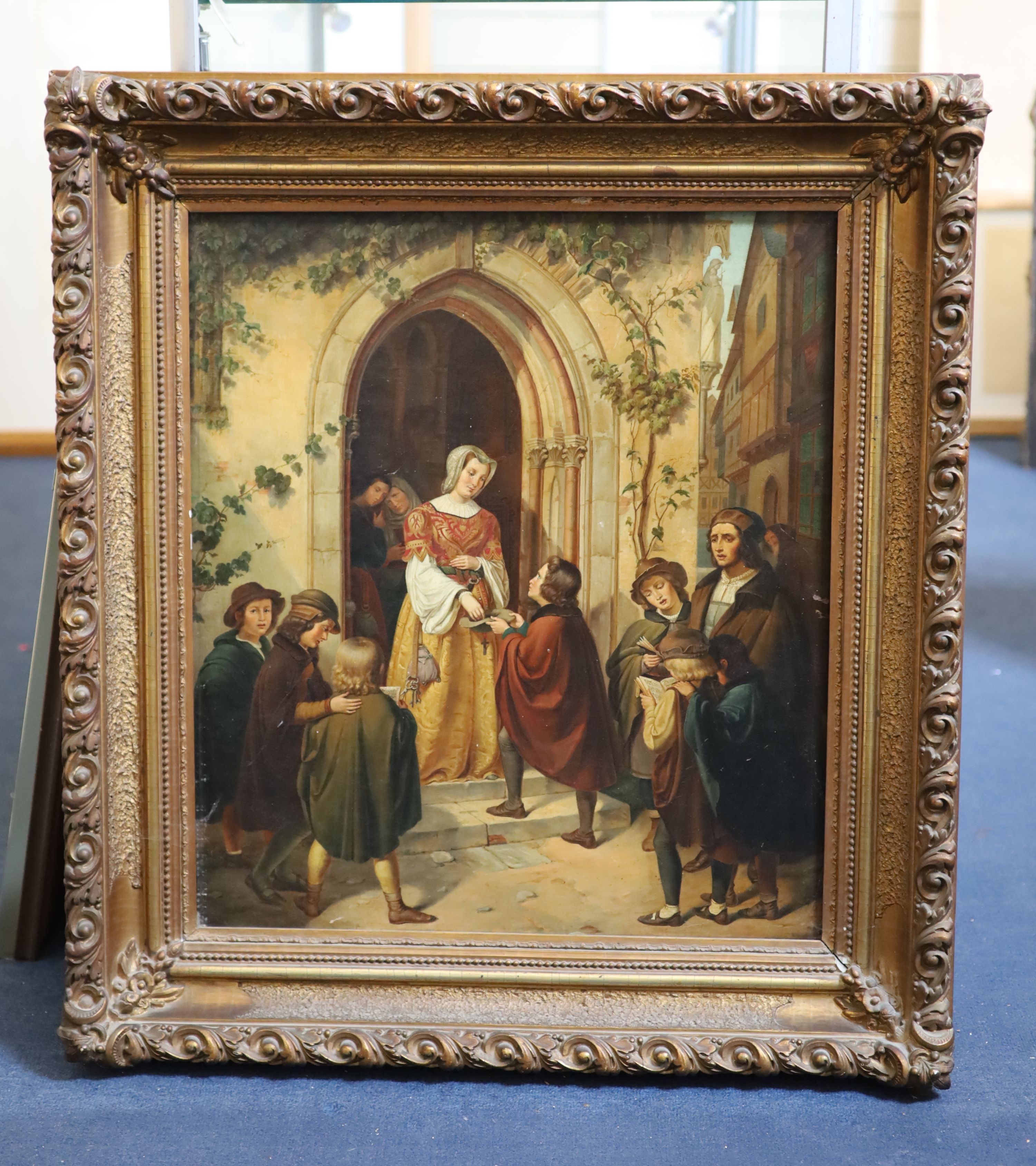 19th century German School, Lady giving alms at a church door, Oil on canvas, 63 x 55cm.